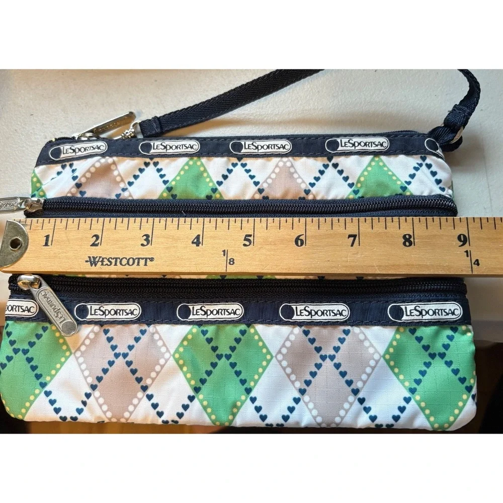 LeSportsac 3-Zip Cosmetic Pouch Womens Wallet Small Green Argyle‎ Wristlet Bag